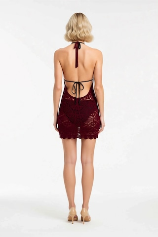 Benerly Kadın Halter Yaka Sırt Dekolteli Örme Mini Elbise Bodycon Kesim D Bordo