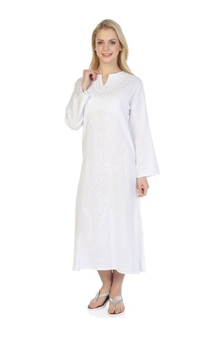 Eliş Şile Bezi Uzun Kol Şile Bezi Simli Kaftan Midi Boy Elbise Beyaz