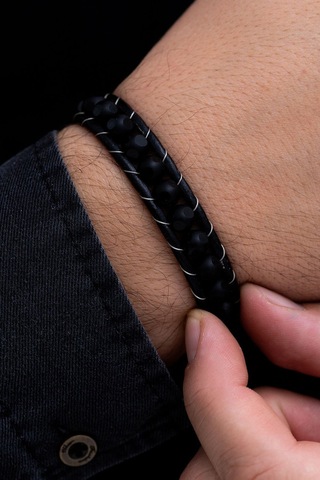 Erkek Çelik Bileklik - Benekli Oniks Doğaltaş Erkek Deri Bileklik Çelik