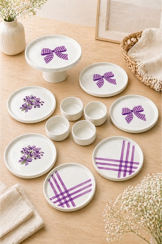 Lila Gift 11 Parça 6 Kişilik Seramik Kahvaltı Takımı & Sunum Seti Lila Desenli Pasta Tabağı Seti Beyaz