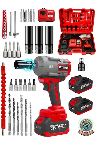 Steiner 21v 1100 Nm Kömürsüz Torklu Çift Akülü 10 Pilli 1/2 Kırmızı Şarjlı Somun Sıkma Sökme Makinesi + 38 Parça
