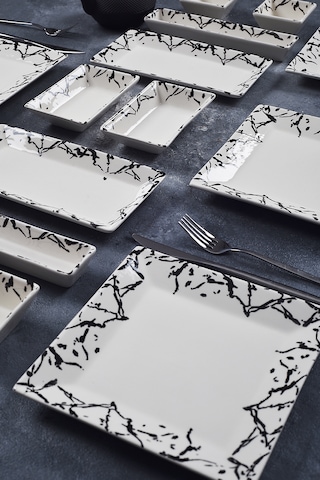 Piatti Naturali 16 Parça 6 Kişilik Mermer Kahvaltı Takımı Handmade Sunum Seti Siyah