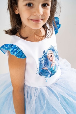 YAĞMUR KOStütüM Taç & Asa & Saç Hediyeli Frozen Elsa Baskılı Kız Çocuk Doğum Günü Elbisesi & Parti Kostümü Mavi