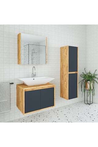 Banos Roomart Lavabolu Ahşap-Antrasit 65Cm Banyo Dolabı+Aynalı+Bo Antrasit