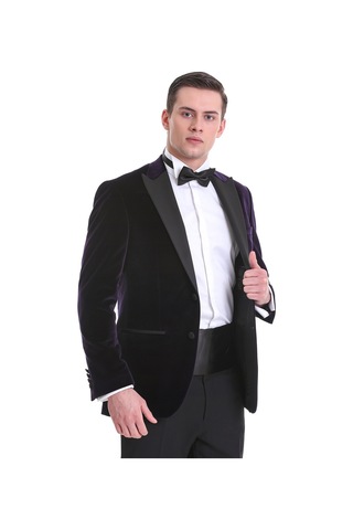 Hatemoğlu Mor Slim Fit Düz Sivri Yaka Kadife Klasik Smokin Damatlık 331221 Mor