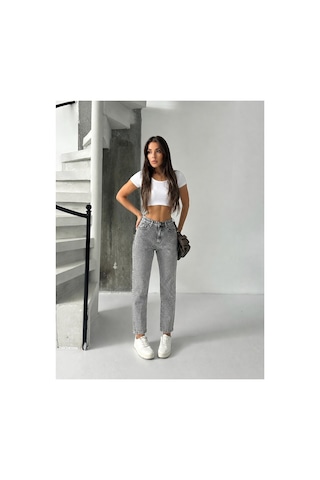 Bluemarlin Gri Kar Yüksek Bel Ön Bacak Taşlı Mom Jeans Kot Pantolon Gri Kar
