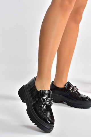 Fox Shoes Siyah Kroko Baskı Kalın Tabanlı Günlük Kadın Ayakkabı