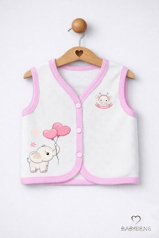 Babyden's Kız Bebek Yelek Jakarlı Kalp Desenli Pamuklu Çıtçıtlı Fil Baskılı Bebek Yeleği Mevsimlik,yumuşak Ekru - Pembe