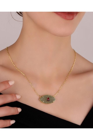 Doğal Taşlı Büyük Boy Göz Gümüş Kolye