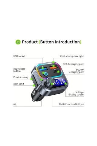 Honeybeeshop Araba Kablosuz Hızlı Şarj Cihazı Hd Ekranlı 54 Hızlı Şarj Usb Kart Desteği Eller Serbest Arama Çok Fonksiyonlu Otomotiv Aksesuarları