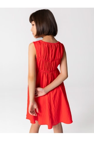 Sheshe Büzgülü Kırmızı Kolsuz Kız Çocuk Elbise Renkli