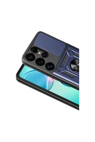 Samsung Galaxy S26 Ultra İle Uyumlu Kılıf Magnetik Standlı Kamera Korumalı Sürgülü Kapak Lacivert