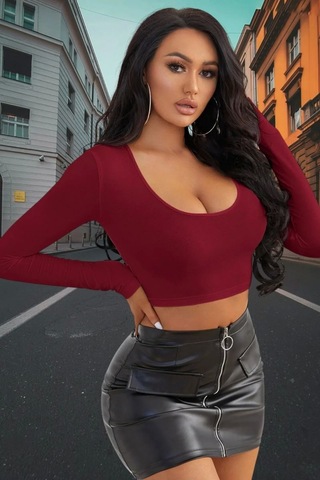 Beru Bordo Derin U Yaka Crop Top Uzun Kollu Dar Kesim Kadın Bluz L - XL