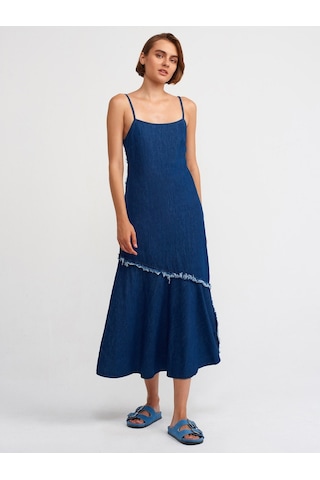Dilvin 90526 Askılı Koyu Renk Denim Elbise-Lacivert