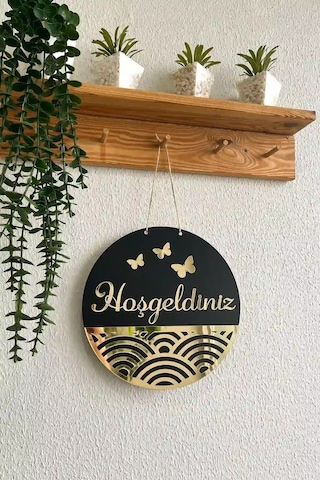Hoşgeldiniz Yazılı Kapı Süsü - Özel Tasarım Kelebek Detaylı Aynalı Pleksi Ahşap Kapı Süsü 25cm