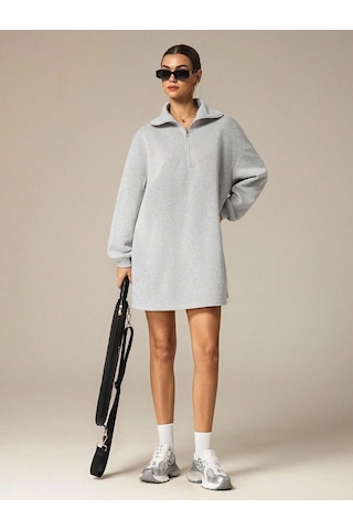Afri 3 İplik Şardonlu Gri Oversize Fermuarlı Tunik Sweatshirt - Günlük Spor Elbise Gri