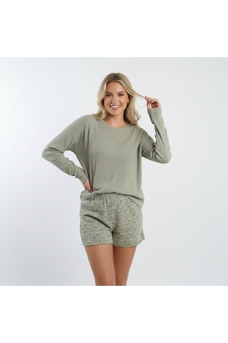 Bonbon Kadın Jakarlı Uzun Kollu Açık Yeşil Renk 2'li Pijama Takımı Bb2315 Yeşil