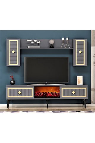 Nil Şömineli Tv Ünitesi Antrasit-altın