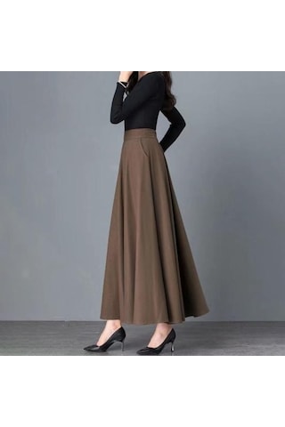 Fastbuy Kadın Maxi Elastik Yüksek Bel Büyük Etek A Kesim Uzun Cepli Düz Renk Ofis Mavi Mavi