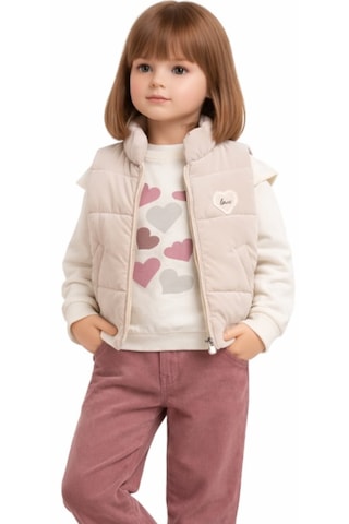 Irem Kız Çocuk Love Yazılı Şişme Yelekli Kalpli Kolu Fırfırlı Sweat Gabardin Pantolonlu Üçlü Takım Bej