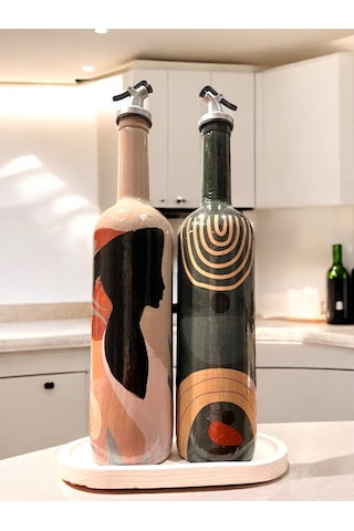 El Yapımı Dekoratif Minimalist Afro Kadın Ve Geometrik Desenli Yağdanlık Seti, Sosluk, Sirkelik, Mut Füme