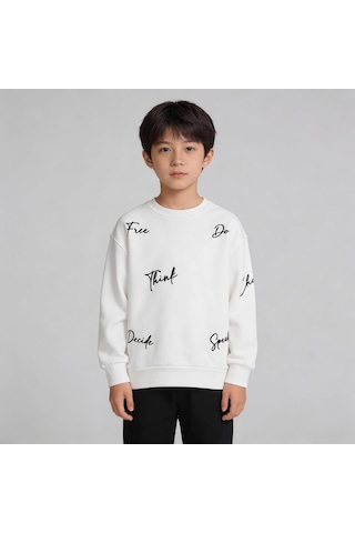 King-Brich Bisiklet Yaka Nakışlı Oversize Kalıp Çocuk Sweatshirt Beyaz