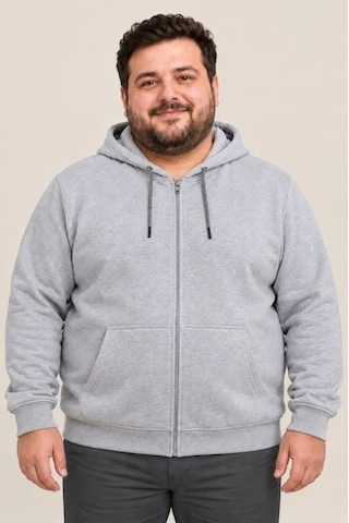 Zennamoda Erkek Battal Büyük Beden Üç İplik İçi Şardonlu Kapüşonlu Tam Fermuarlı Kışlık Sweatshirt - Gri