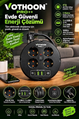 4 Lü Priz Makarası 2 Metre Kablolu, 2 Usb-a + 2 Usb-c Şarj Çıkışlı, Açma/kapama Düğmeli, 2200w 10a 1