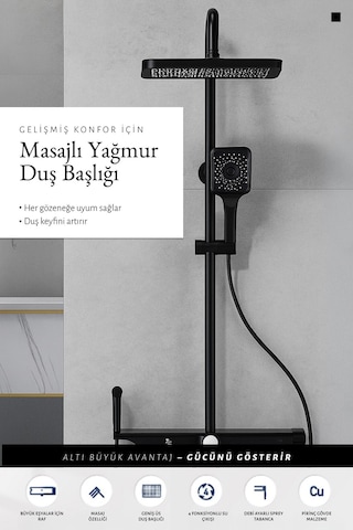 Zift Unique Premium Siyah Duş Sistemi Seti - 4 Fonksiyonlu Yağmur Duş Başlığı, Temperli Cam Raf, Masajlı El Duşu Siyah