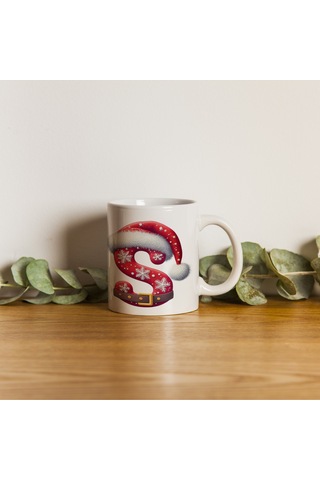 S Harfi Yılbaşı Temalı Bardak 330 Ml Harfli Kişiye Özel Hediye - Yeniyıl / Noel Şapka Tasarım Beyaz