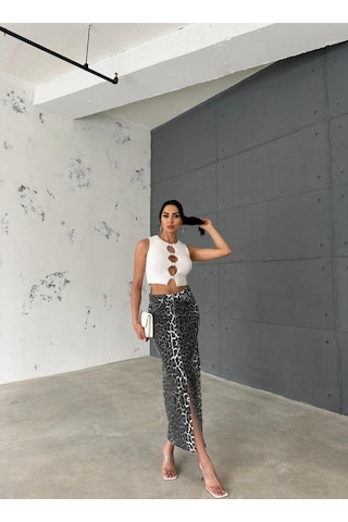 Zeo Basic Leopar Desenli Maxi Etek Haki