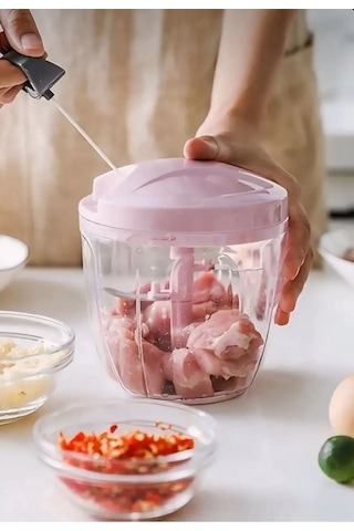 5 Bıçaklı Büyük Boy İpli El Rondosu Pratik Doğrayıcı 1000ml Kahve