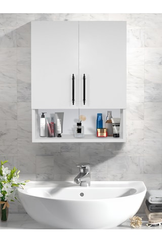Ahşap Modern 2 Kapaklı Beyaz Lavabo Üstü Raflı Banyo Dolabı Beyaz