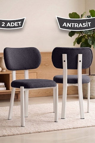Arlesa Serisi 2 Adet Bukle Kumaş Beyaz Metal İskeletli Mutfak Sandalyesi Antrasit Sandaye Beyaz Ayak