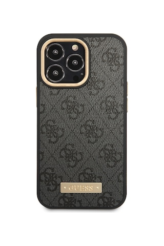 Apple Uyumlu iPhone 15 Pro Max Kılıf Guess Lisanslı M-safe 4g Desenli Pu Metal Plaka Logolu Siyah Siyah