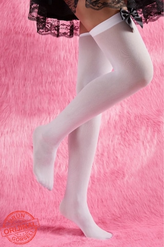 Heleni Siyah Fiyonklu Diz Üstü Beyaz Çorap