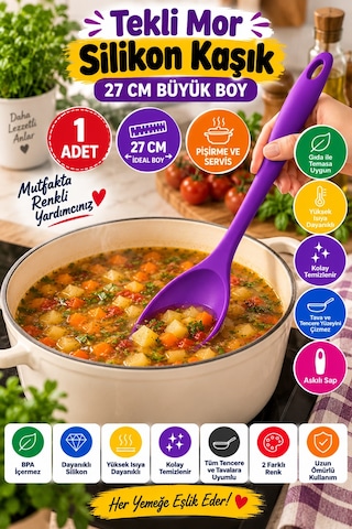 Tekli Mor Büyük Boy Silikon Kaşık 27 Cm Mutfak Yemek Pişirme Ve Servis Kaşığı Evde Yemek Sunumu İçin