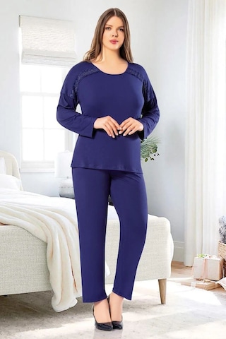 Faal 8809 Kadın Büyük Beden Uzun Kollu Dantel Detaylı Pijama Takım-lacivert Lacivert