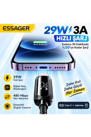 Essager 29w Pd Dijital Göstergeli Type-c To Lightning Hızlı Şarj Ve Data Kablosu 3a 480mbps Örgülü