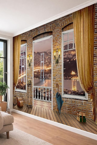 Tuğla Duvarlı İstanbul Boğazı Manzaralı 3d Teras Tekstil Duvar Kağıdı, 100 X 100 Diğer