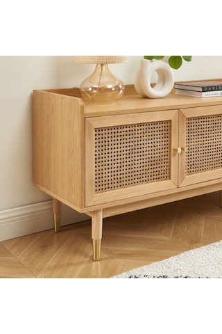 Scandi Tarzı Tv Ünitesi Bombong 180 Cm, Ahşap & Rattan Detaylı Açık Ceviz