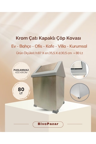 Krom Sallanır Çatı Kapaklı Çöp Kovası 80 Lt Krom