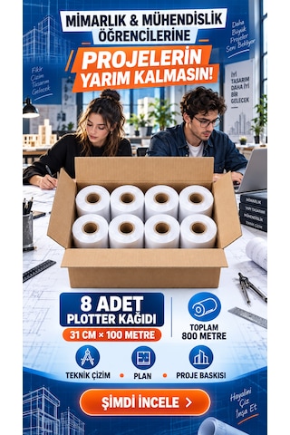 Haydi Dekor 8 Li Plotter Kağıdı 31 Cm 100 Metre Toplam 800 Metre Beyaz Rulo Kağıt, Teknik Çizim Ve Proje Baskı Kağıdı