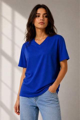 Wear Vexel Kadın V Yaka Basic Tişört Kısa Kol Yazlık Regular Fit T-shirt - Saks Mavisi Saks Mavisi