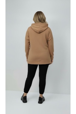 Koza Butik Kadın Büyük Beden Uzun Kollu Kapüşonlu Fermuar Detaylı Sweatshirt 2007 Bej