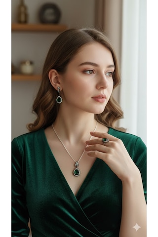 Zümrüt Taşlı Zirkon Çerceveli Gümüş Set Bronz