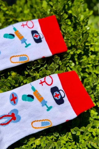 Lousocks Unisex Doktor Hemşire Medikal Desenli Beyaz Soket Çorap