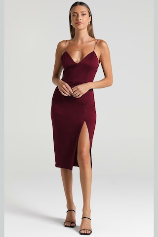 Madmext Bordo V Yaka Yırtmaçlı Saten Elbise Mg1742-bordo Bordo
