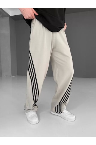 İki İplik Kumaş Şeritli Alt Esofman - Bej Siyah