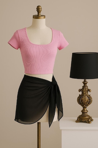 Moda Dua Kadın Pembe Yarım Kol Crop Ve Siyah Pareo 2'li Set